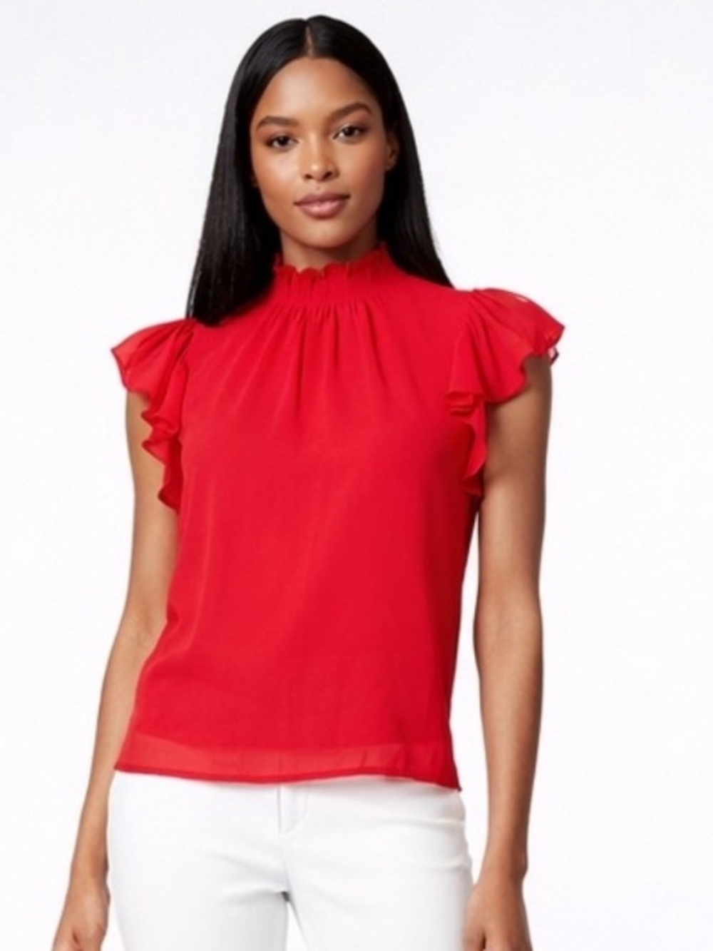 1 State Red Ruffle Sleeve Chiffon Blouse Size Large Romantic Feminine Statement